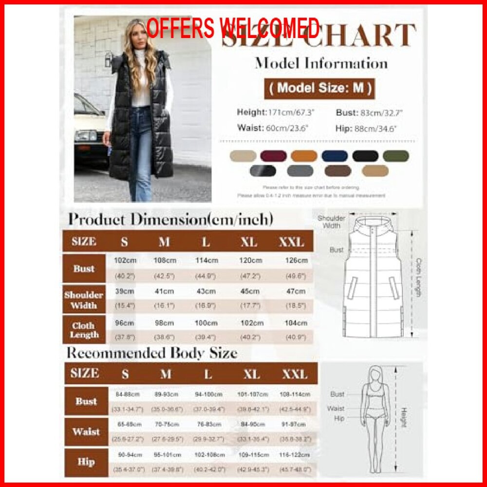 Women's Long Puffer Vest Sleeveless Jacket Zip Up Hooded Quilted - Picture 6 of 8